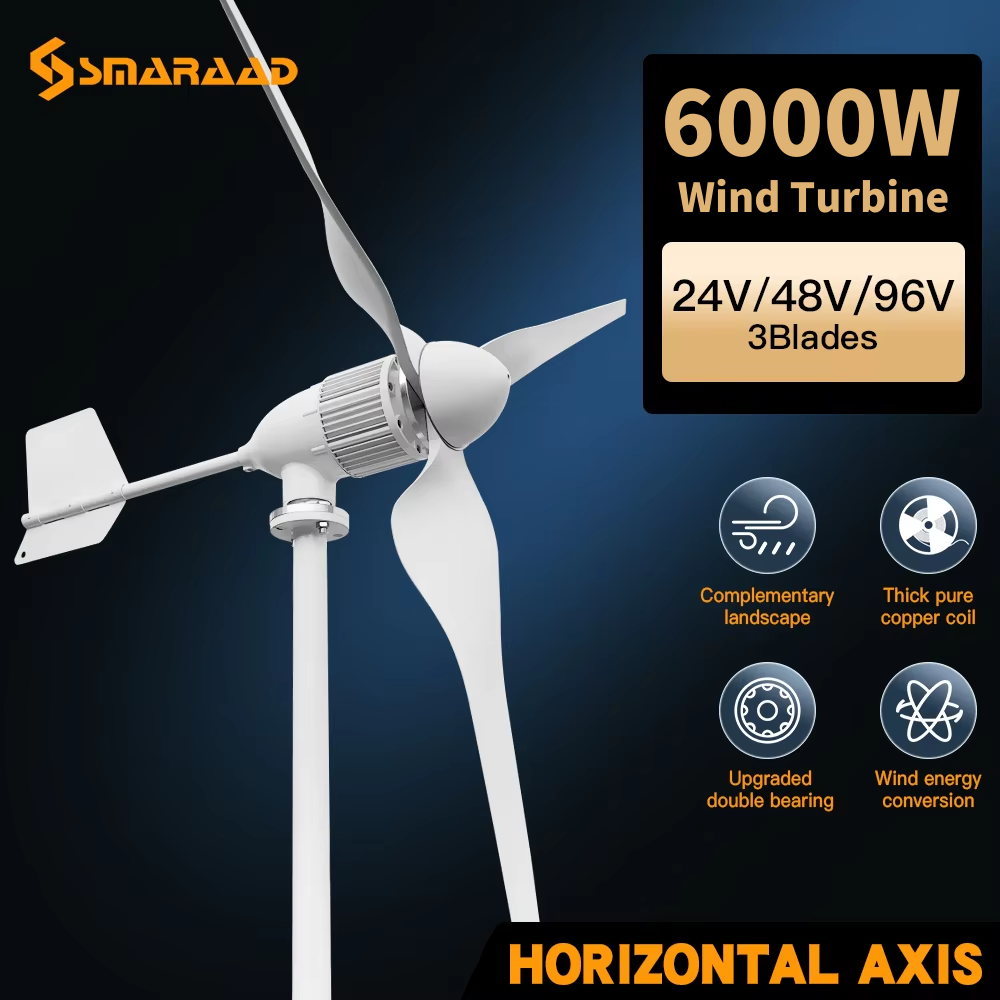 Wind Turbine 5000W 48V - กังหันลมเครื่องกําเนิดไฟฟ้ากังหันลมแนวนอน 6KW พร้อมตัวควบคุมเครื่องชาร์จ MPPT ฟรีและอินเวอร์เตอร์ Off